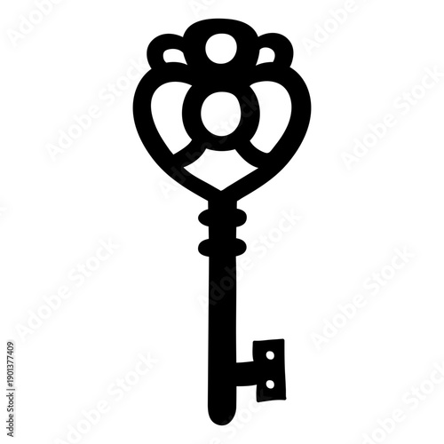 Hand drawn heart ornate key silhouette