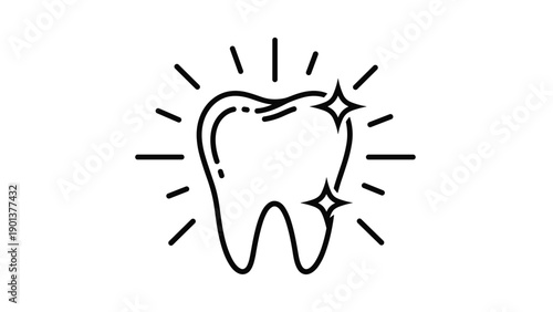 Clean white tooth icon with black outlines and bright sparkles representing dental health and professional hygiene care.