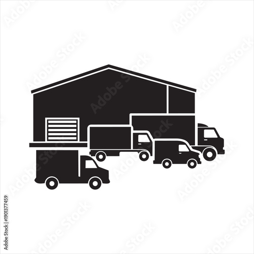 Cargo transport depot icon with trucks and vans ready for shipping operations