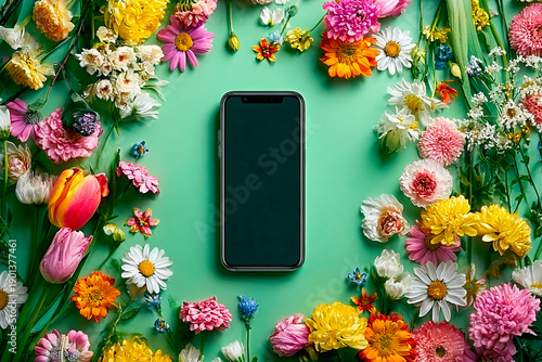Mobile phone isolated on green surrounded by flowers. Spring concept