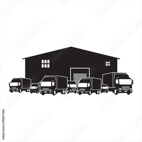 Distribution hub silhouette featuring various sizes of delivery trucks outside
