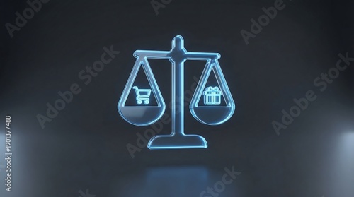 Glowing blue scales with shopping cart and gift icons on dark background