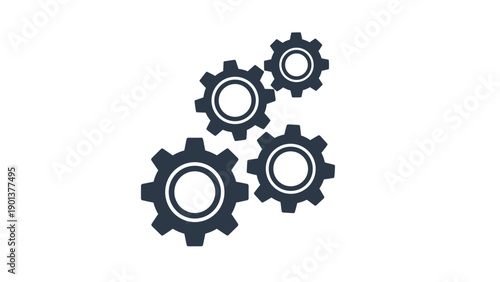 Interlocking dark grey gear wheels symbolize mechanical collaboration and industrial process in a minimalist flat design.