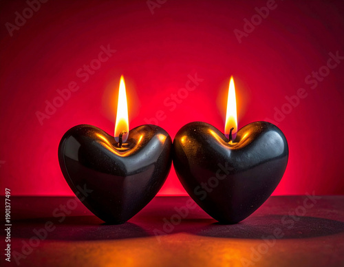 Two black heart-shaped candles with burning flames on a red background, love, romance and passion. Elegant dark Valentine concept ideal for romantic designs, invitations, banners and celebrations.