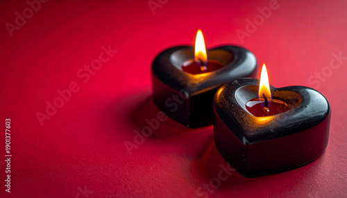 Two black heart-shaped candles with burning flames on a red background, love, romance and passion. Elegant dark Valentine concept ideal for romantic designs, invitations, banners and celebrations.