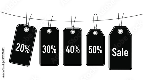 Hanging price tags with various percentage discounts and sale text represent retail promotions and shopping deals.