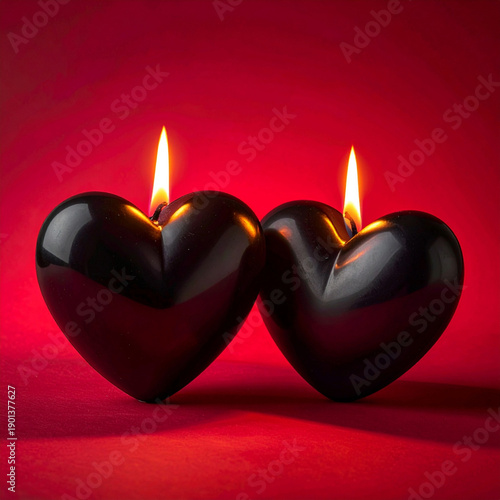 Two black heart-shaped candles with burning flames on a red background, love, romance and passion. Elegant dark Valentine concept ideal for romantic designs, invitations, banners and celebrations.