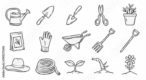 A set of gardening tools and icons in a minimalist line art style