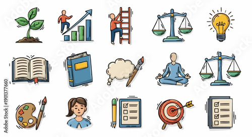 A set of colorful vector icons representing various concepts and objects