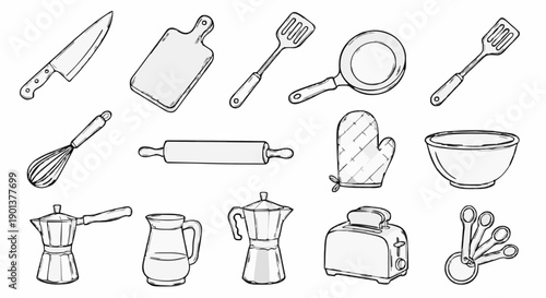 A set of kitchen utensils and appliances in a minimalist line art style