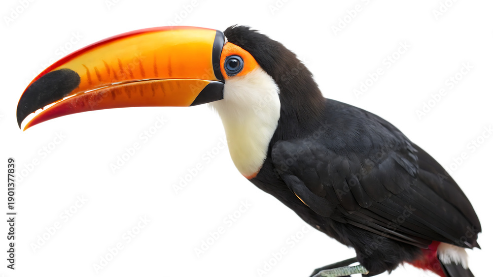 Fototapeta premium Colorful toucan with large beak isolated cut out on PNG. AI GENERATED.