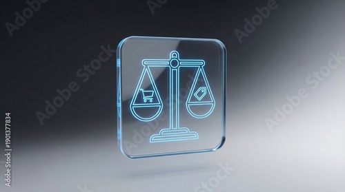 Neon blue scale icon with shopping cart and price tag on a dark background