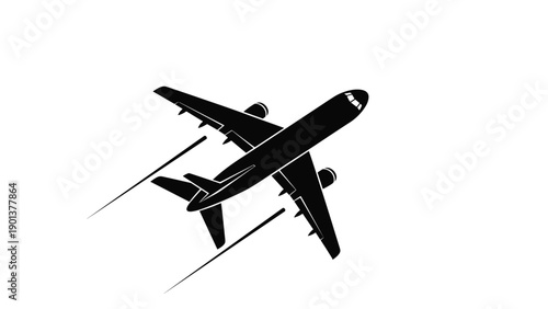 Black silhouette of a large passenger airplane flying through the sky symbolizes travel, aviation, and global transport.