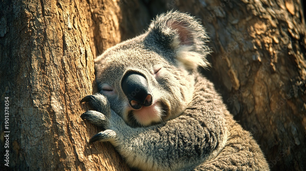 Obraz premium Sleeping Koala Hugging Tree Peacefully in Natural Habitat Under Warm Sunlight