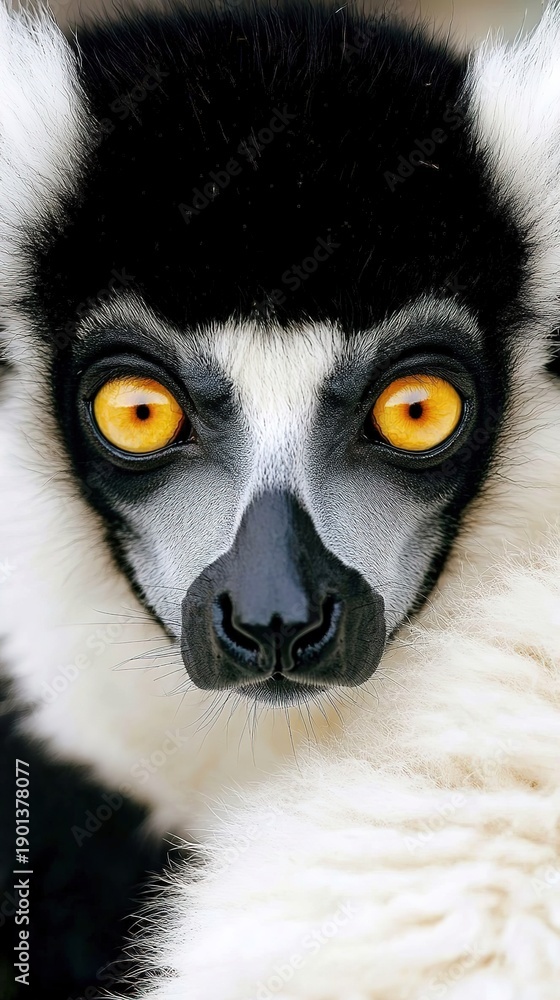 Fototapeta premium Intense Close-Up of Lemur’s Yellow Eyes with Black and White Fur Details