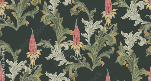  Pattern of flowers and leaves with elements of gothic ornament in vintage style
