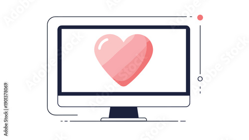 Desktop computer monitor displaying a large pink heart icon symbolizes online dating, love, and social connection.