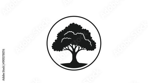 Silhouette of a leafy deciduous tree enclosed in a circle represents nature, natural environmental growth, and ecology.