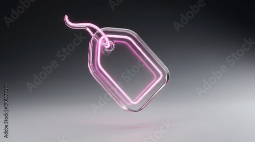 Glowing pink neon tag with a hook on a dark gradient background