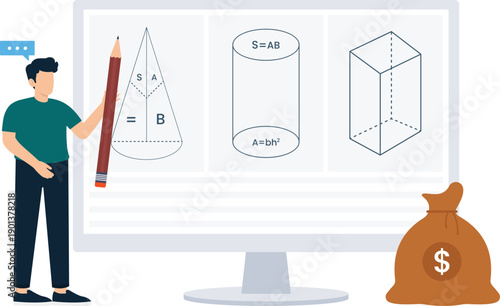 Male teacher geometry lesson online education mathematical formulas financial success digital learning teaching presentation geometric shapes calculation concept virtual tutor earning money