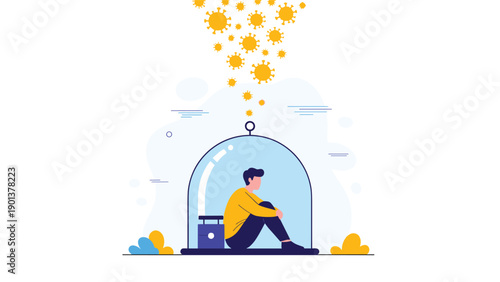 Person sits alone inside a glass dome for safety protection while virus particles float in the air outside the shield.