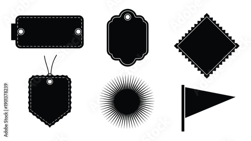 Collection of various black silhouette price tags and label shapes provides marketing templates for retail and branding.