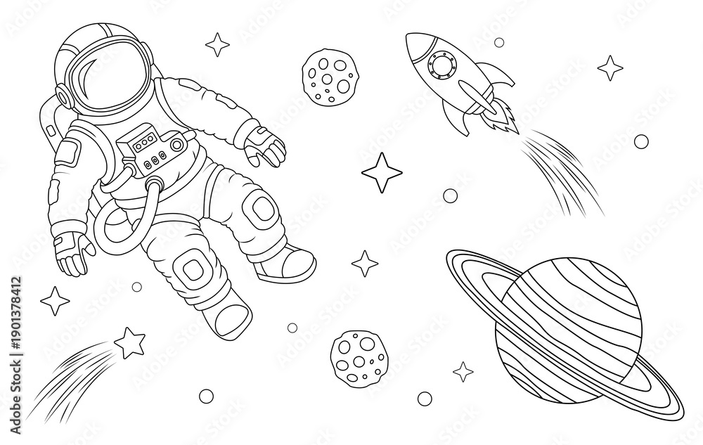 Obraz premium Black and white line illustration of an astronaut floating in space with a rocket, planets, stars, comets, and asteroids. Clean outline drawing style, isolated on a white background.