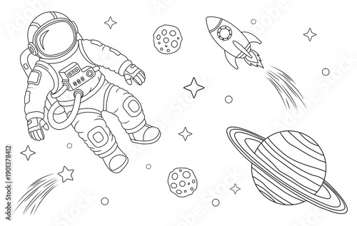 Black and white line illustration of an astronaut floating in space with a rocket, planets, stars, comets, and asteroids. Clean outline drawing style, isolated on a white background.