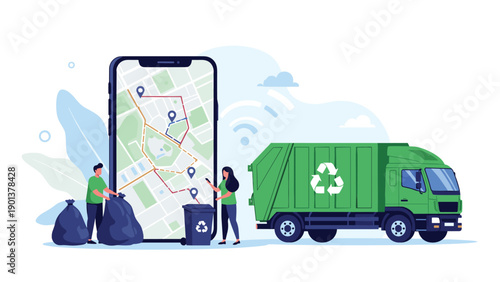 Garbage truck and workers collect waste bags while a smartphone displays a map for route navigation and tracking.