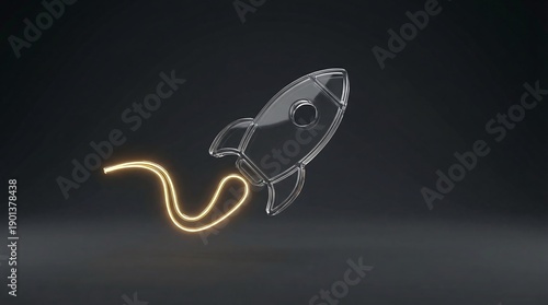 Transparent rocket ship with glowing yellow trail on dark background space launch