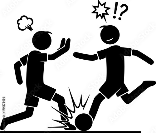 Two stick figures playing soccer one kicking the ball while the other defends representing sports competition and disagreement isolated on white Background