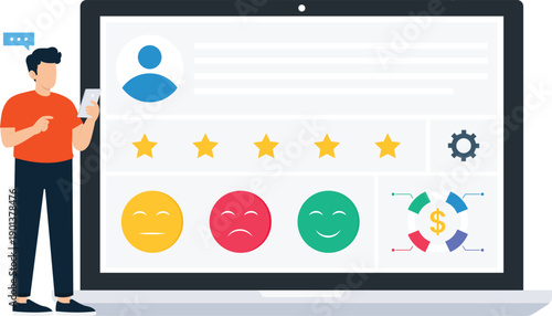 Customer feedback online review satisfaction survey star rating user experience digital marketing business analysis data metrics service quality happy customer mobile interaction