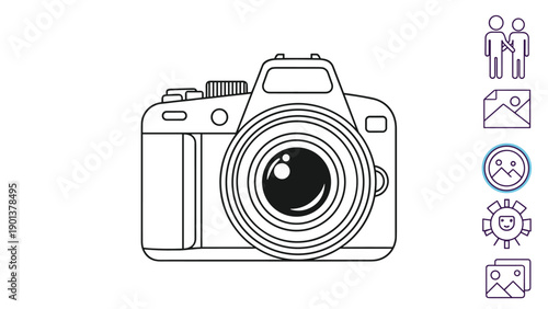 Detailed line drawing of a DSLR camera with photography related icons represents professional digital photo capturing.