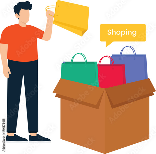 Male shopper holding yellow bag beside large cardboard box containing retail purchase colorful shopping bags delivery service online consumerism flat design