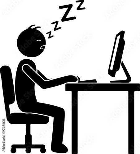 Stick figure sleeping at computer desk representing burnout or fatigue at work simple vector illustration for business concepts