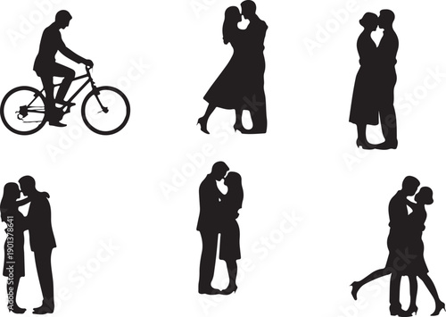 Love's Silhouettes: A collection of black silhouettes that captures the essence of love, from a couple dancing closely, bicycling together to romantic embraces.
