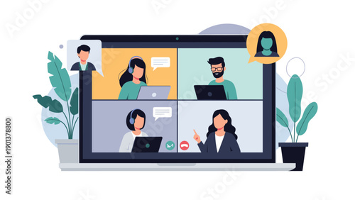 Laptop screen displays a four person video conference call illustrating remote teamwork and online communication.