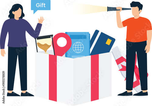 Gift box travel planning holiday surprise passport credit location pin hourglass timer two people searching future flat design vector illustration vacation package reward program
