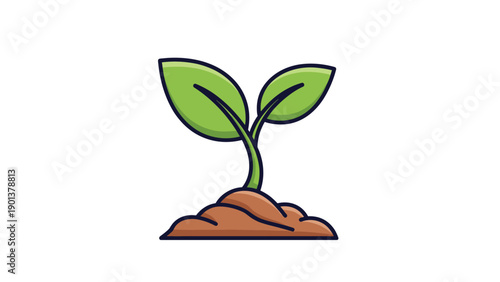 Small green seedling with two leaves grows out of a mound of fertile soil representing nature, growth, and new life beginnings.