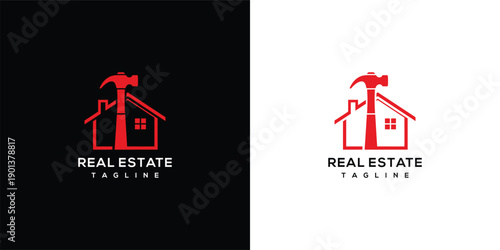 Real Estate Logo Hammer and House Symbol for Construction  Renovation.