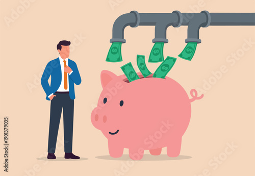 Multiple streams of income, passive income or revenue from invest in multi assets, side hustles to make money concept, rich businessman cash flow from pipe into wealthy piggy bank