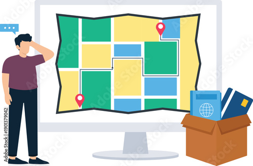 Confused man viewing digital map route planning online navigation travel logistics shipping box credit card passport document global business location pin modern technology