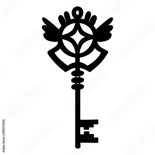 Hand drawn wing ornate key silhouette