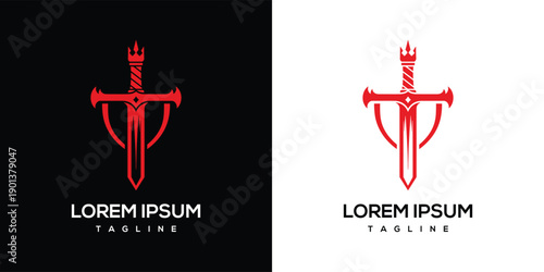 Red Sword and Shield Logo Design Emblem Heraldry Medieval Symbol.