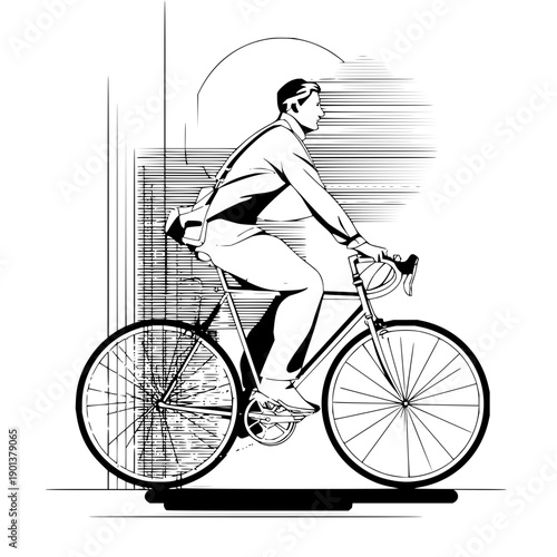 Man riding bicycle in monochrome style with abstract background and wearing a suit jacket and messenger bag