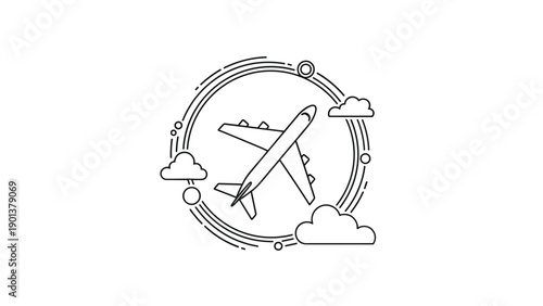 Stylized line art of an airplane flying through clouds within a circular frame represents international travel and aviation.