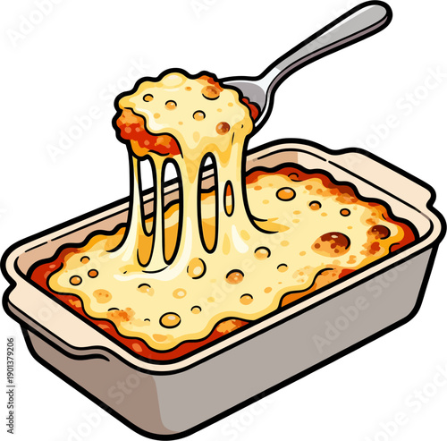 Fork scooping mozzarella cheese pull from baked casserole dish with red sauce layer