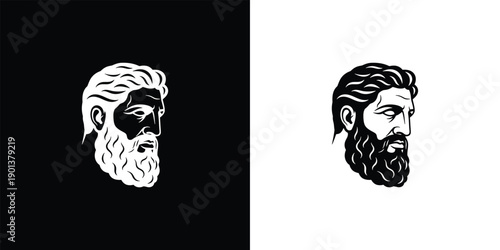 Ancient Greek Man Portrait Bearded Profile Black and White Vector Art.