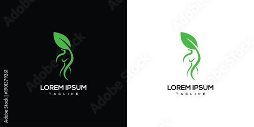 Nature Body Logo Woman Silhouette with Green Leaf Symbol.