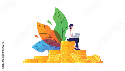 Successful financial businessman sits on a large pile of gold coins while working on his laptop amidst colorful leaves.